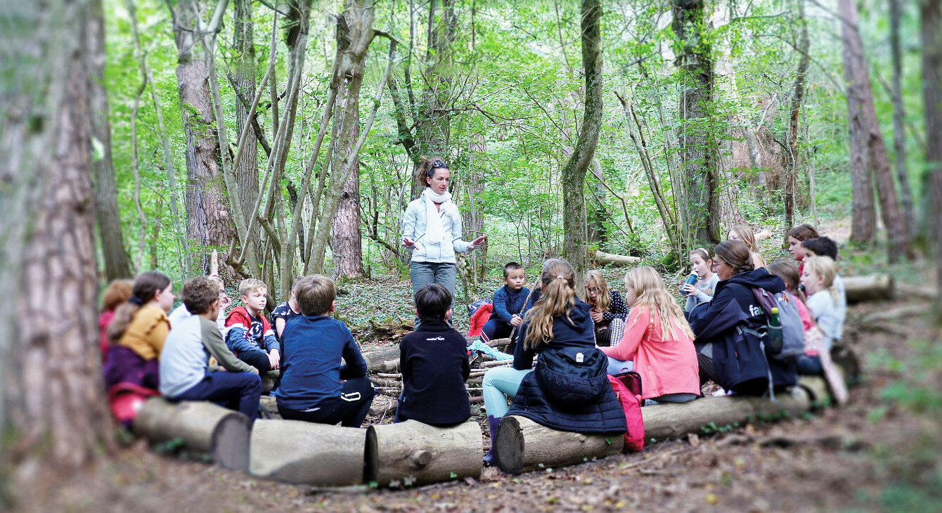 enseignante donne cours et anime la classe dans la foret au lieu de l'école